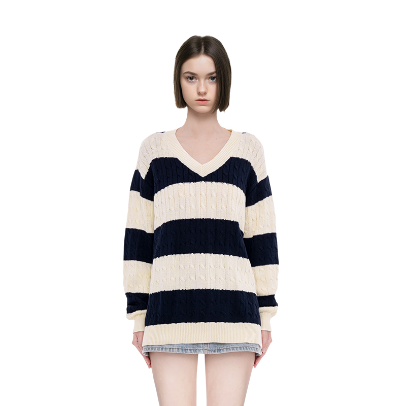 BM毛衣女2025新款秋冬针织宽松线衣服条纹拼色V领美式复古毛衣