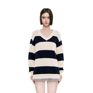 BM毛衣女2025新款 复古毛衣 秋冬针织宽松线衣服条纹拼色V领美式