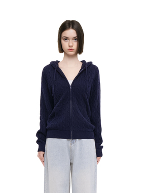 BM毛衣开衫女2025新款秋冬藏蓝色麻花拉链连帽高级感显瘦百搭外套