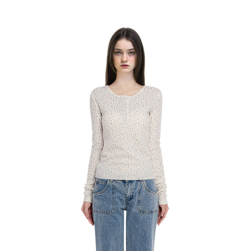 BM长袖T恤女2025新款圆领碎花华夫格内搭可外穿今年流行的打底衫