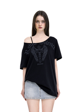 BM短袖t恤女美式复古黑色天使印花2025新款夏季一字肩宽松上衣