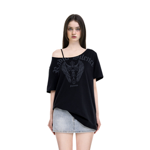 夏季 复古黑色天使印花2025新款 一字肩宽松上衣 t恤女美式 BM短袖