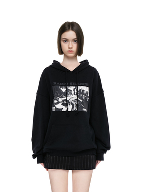 BM卫衣女加绒2025新款连帽摇滚吉他手套头帽衫黑色印花宽松卫衣