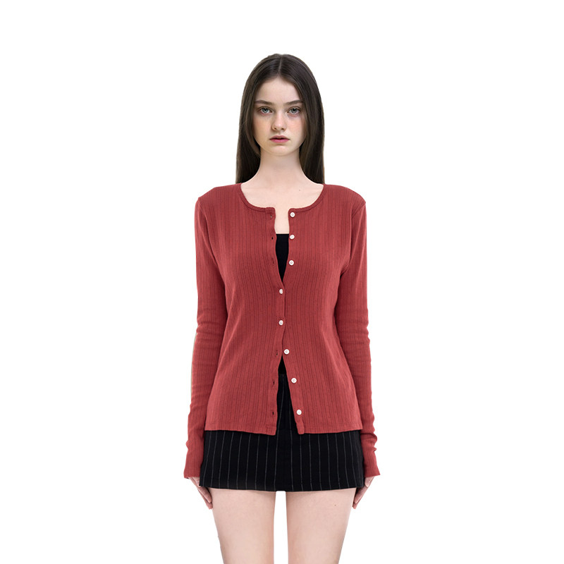 BM开衫女2025新款春秋红色高级感圆领修身显瘦圣诞节穿搭长袖外套