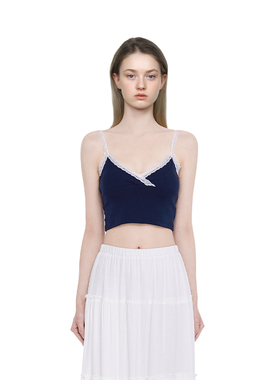 BM上衣不规则V领蕾丝边吊带背心黑色纯欲少女风外穿内搭性感上衣