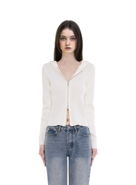 BM针织开衫女2026新款秋冬双拉链纯色连帽高腰露脐内搭开衫外套