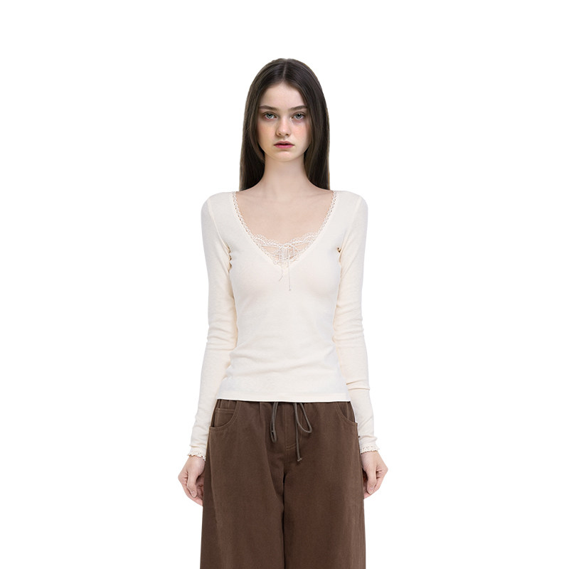 BM长袖女假两件2026新款秋冬V领蕾丝拼接绑带性感纯欲风内搭上衣