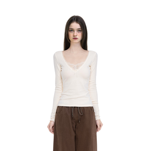 BM长袖女假两件2026新款秋冬V领蕾丝拼接绑带性感纯欲风内搭上衣