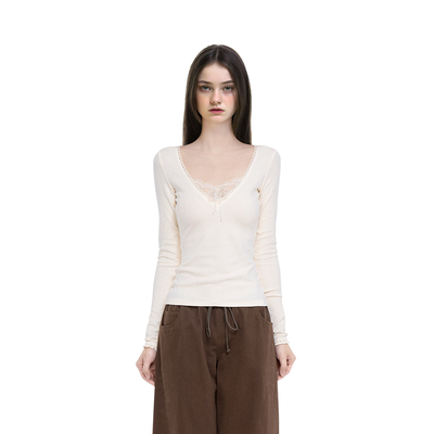 BM长袖女假两件2026新款秋冬V领蕾丝拼接绑带性感纯欲风内搭上衣