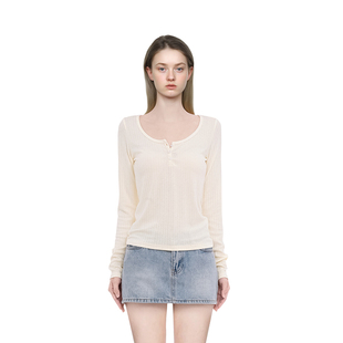 BM长袖女2026新款春秋圆领孔眼修身显瘦短款正肩内搭打底衫上衣