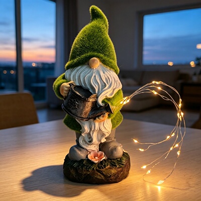 欧式童话地精手办植绒绿帽小矮人太阳能灯户外庭院花园装饰灯摆件