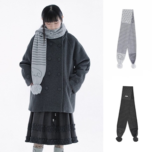 hugyourskin围巾秋冬加厚韩系天使翅膀条纹波点毛球针织围巾保暖