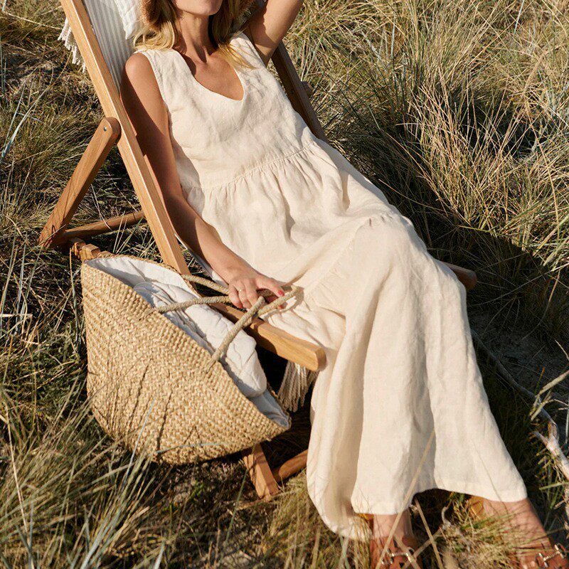 气质优雅V领压皱蛋糕背心裙子女 春夏季纯棉长款连衣裙宽松吊带裙