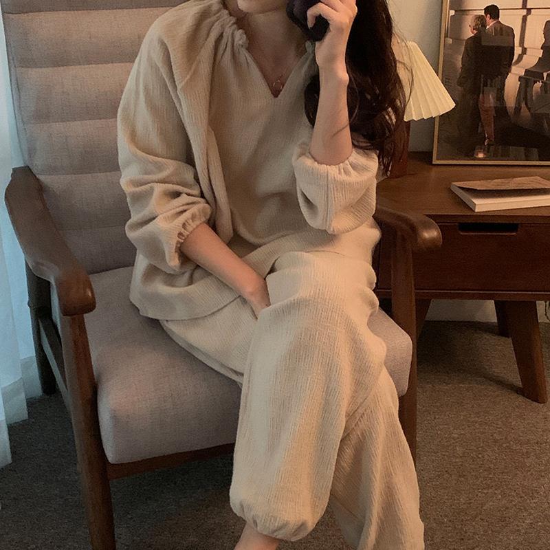 韩国ins风纯棉双层纱布睡衣套装女式 秋季简约长袖家居服可外穿女