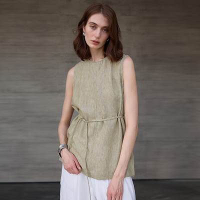 中长款圆领纯亚麻女背心高级老钱风色织吊带夏季系带宽松无袖上衣