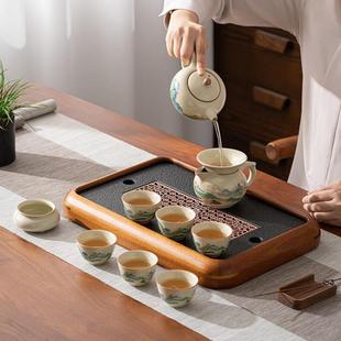 家用2023新款 千里江山米黄汝窑功夫茶具茶盘套装 轻奢茶壶盖碗茶杯
