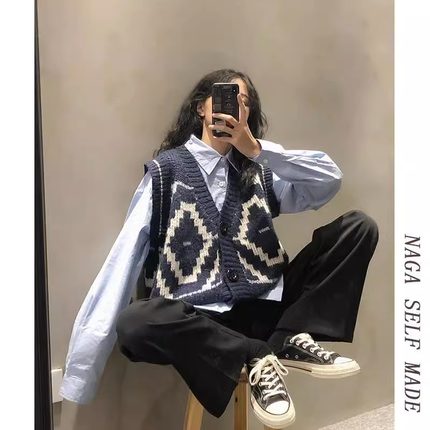 时尚套装秋冬韩版复古针织开衫马甲背心叠穿长袖衬衫上衣两件套女