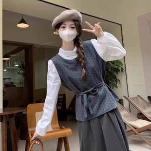 韩系一整套深冬穿搭女简约波点收腰假两件上衣搭配长裙子两件套装