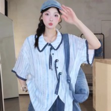 套装女巨好看的夏装撞色短袖衬衣木耳边牛仔短裤子一整套日系穿搭