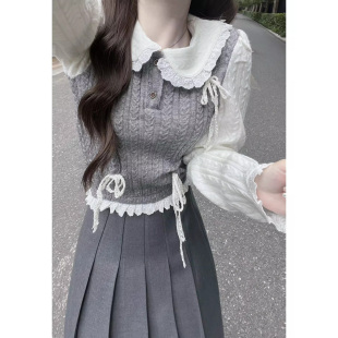 开春套装 毛衣搭配半身裙一整套小个子 女新款 娃娃领花边抽绳针织衫
