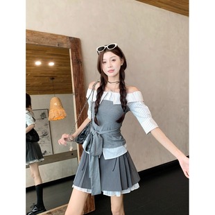 女一字领抽绳收腰上衣百褶半身裙两件套高级感 夏日绝美甜美小套装