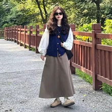 韩剧穿搭三件套装女春秋新款宽松针织马甲毛衣衬衫搭配半身裙冬装