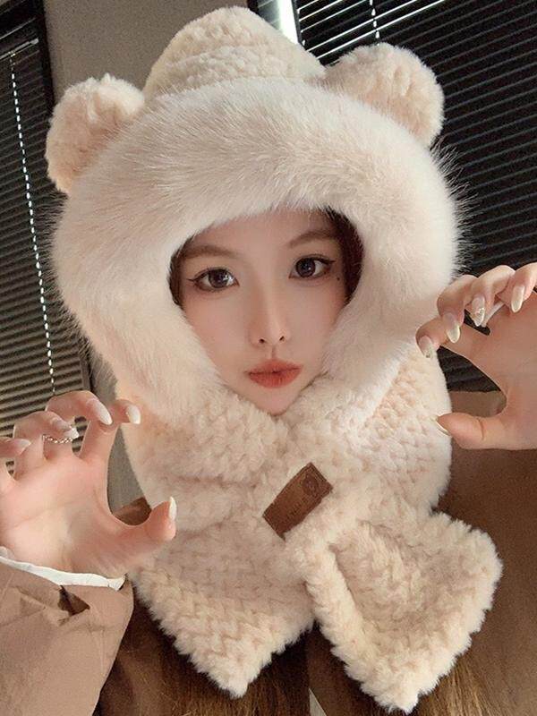 새로운 플러시 귀여운 곰 모자와 스카프를 모두 하나의 가을과 겨울 사이클링 방한 및 귀 보호 모자를 하나로 통합