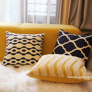 蓝色和黄色几何绣花花靠垫套午睡座椅靠背无芯枕头样品室客厅装饰