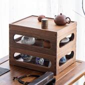 新中式 茶具桌面收纳盒黑胡桃实木双层可叠加便携茶杯置物架储物柜