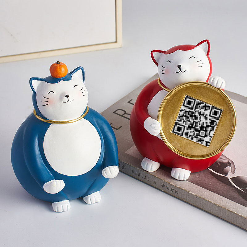招财两个亿摆件可爱动物造型桌面高颜值招财猫二维码装饰品工艺品
