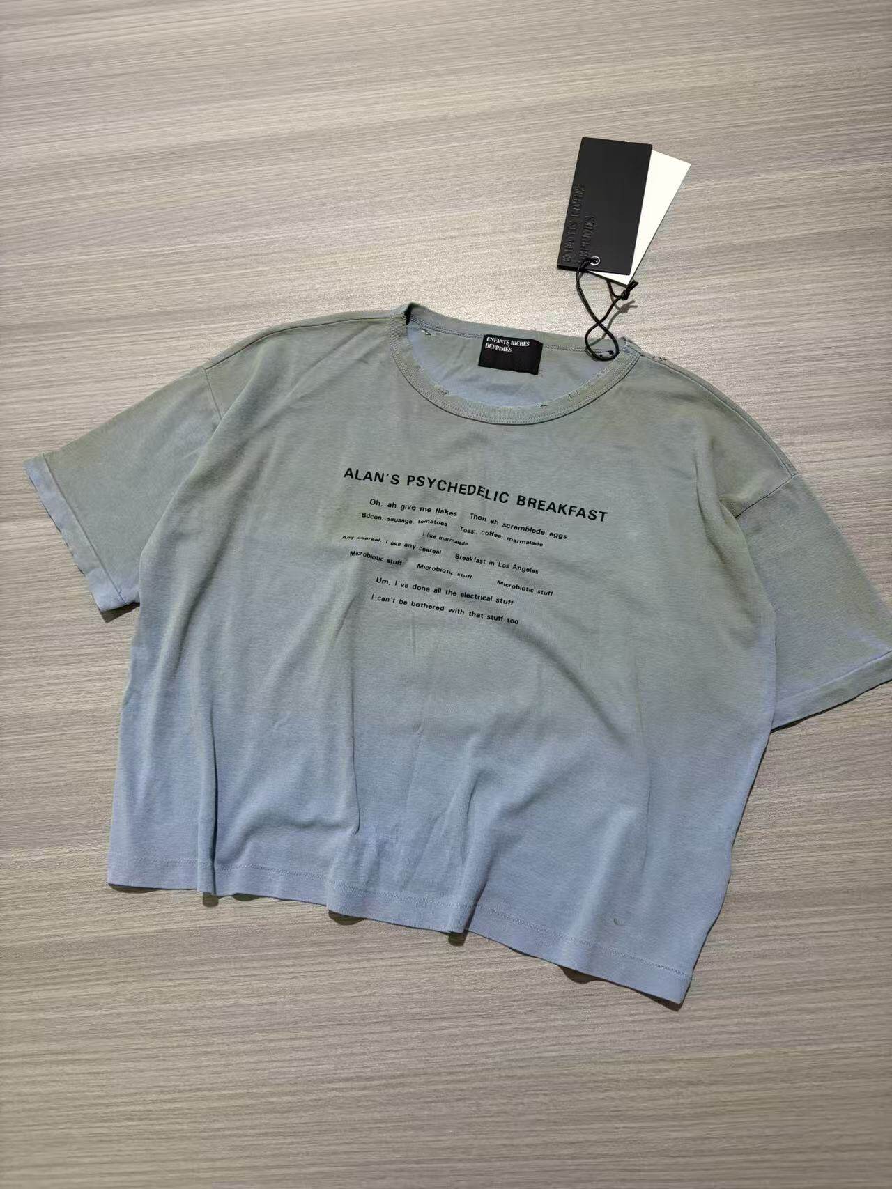 thumbnail for erd26ss melancholic rich second-generation Allen's breakfast sun-dried blue distressed printed crew neck ribbed T-shirt