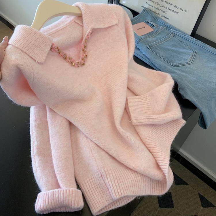 粉色加厚针织衫毛衣女秋冬高级感可外穿内搭小个子宽松慵懒风上衣