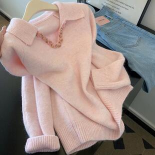 粉色加厚针织衫毛衣女秋冬高级感可外穿内搭小个子宽松慵懒风上衣