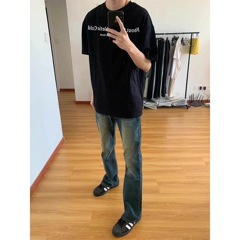 美式复古深蓝色牛仔裤男款水洗做旧夏季裤子修身弹力微喇直筒裤