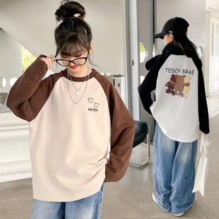 女童打底衫2025春装新款洋气女大童长袖T恤衫圆领内搭上衣拼接潮T