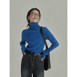 巨显白克莱因蓝针织衫女高领叠穿毛衣秋冬修身高级感内搭打底上衣