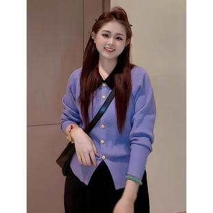 加码紫色Polo领针织衫针织衫女式秋季服装2025新胖毫米宽松瘦身看