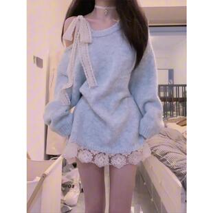 韩系高级感蕾丝系带蝴蝶结氛围感蓝色毛衣女秋冬慵懒风露肩厚上衣