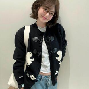 复古费尔岛兔子提花牛角扣毛衣外套女秋季薄款圆领针织开衫短上衣