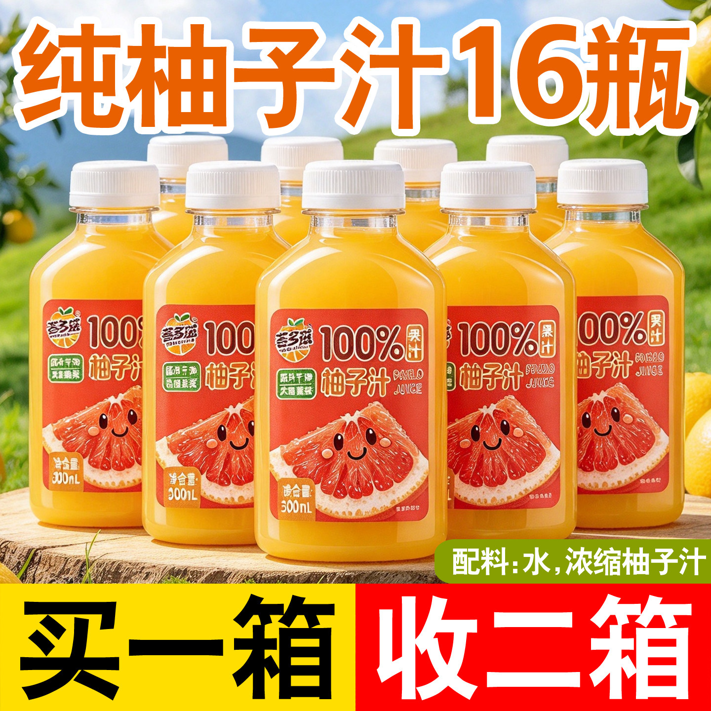 柚子汁100%果汁300ml瓶装买1送1