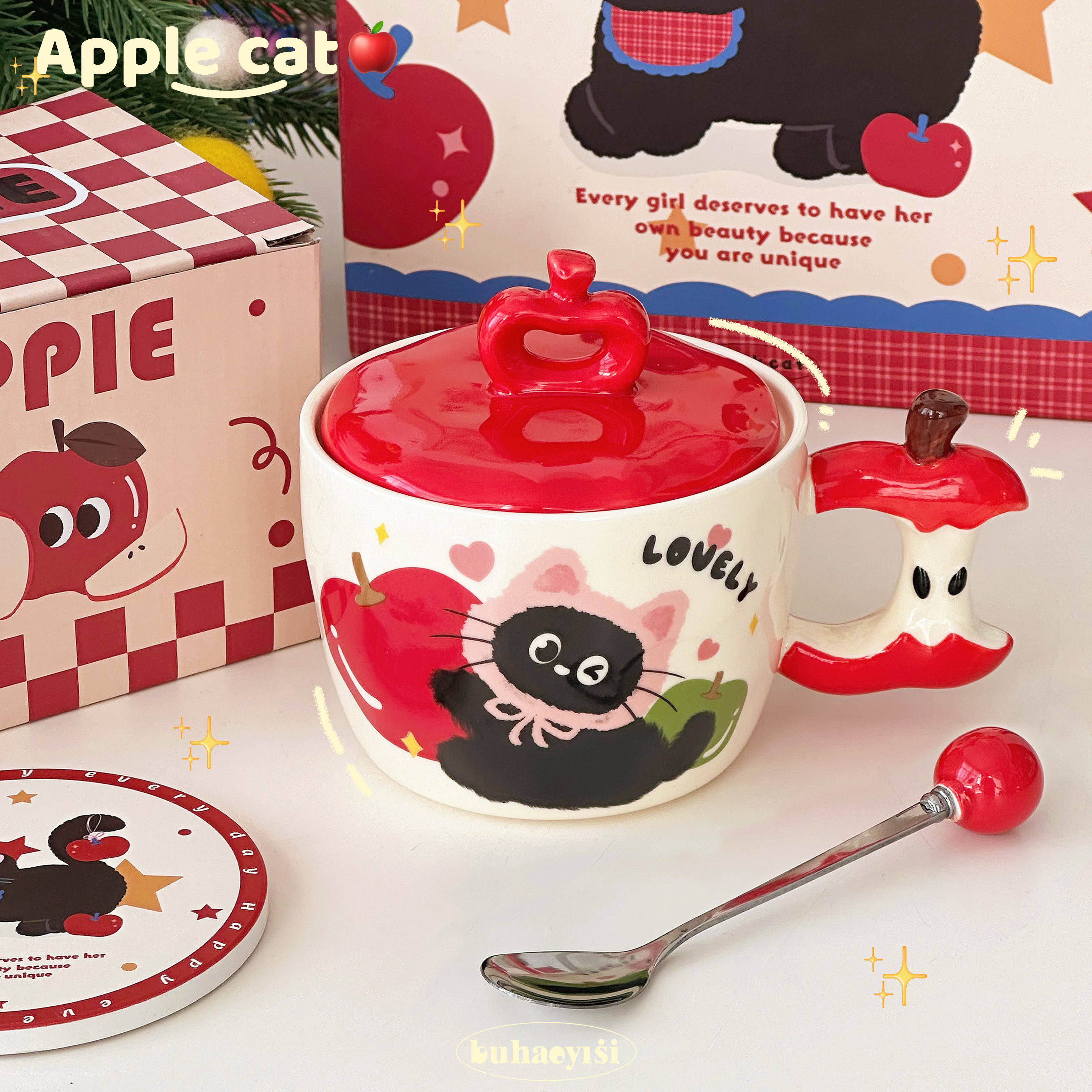 可爱苹果猫咪情侣陶瓷杯