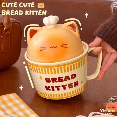 厨师小猫泡面碗带盖手柄陶瓷餐具大容量方便面螺蛳粉面碗宿舍学生