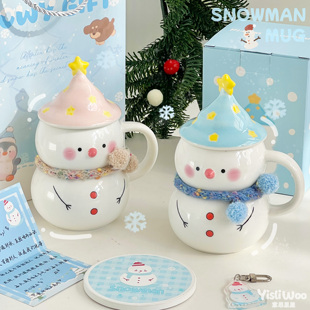 可爱雪人马克杯釉下彩陶瓷咖啡杯带盖学生高颜值生日礼物情侣杯子