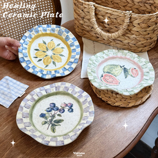 原创法式陶瓷盘釉下彩餐盘甜品盘手作高颜值餐具盘子复古早餐盘