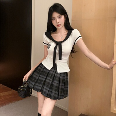 学院风jk制服套装白色短袖T恤上衣女装夏季高腰百褶半身裙两件套