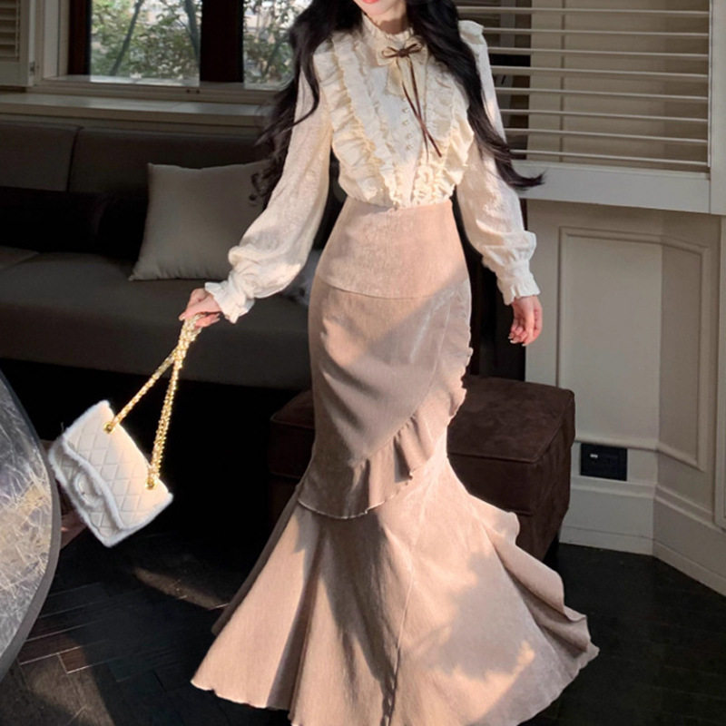 旧梦庄园 法式千金感加绒款衬衫+设计感不规则鱼尾半身裙套装秋冬