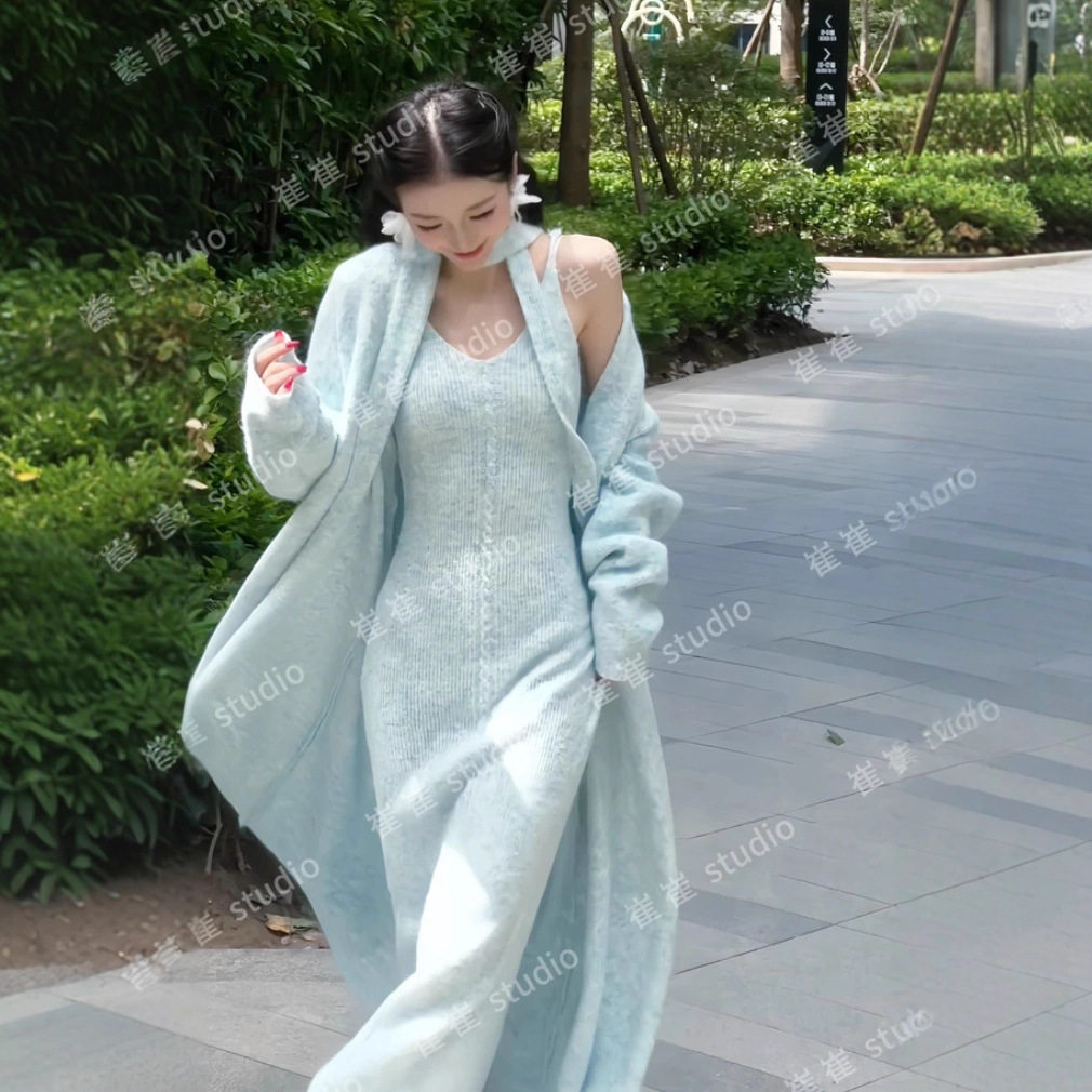 【蓝调时刻】秋冬季休闲风温柔新款早秋法式长款时尚针织套装
