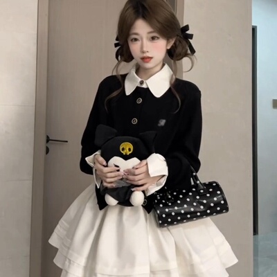 韩系学院风撞色假两件连衣裙女春秋季巨好看百褶裙子穿搭一整套装