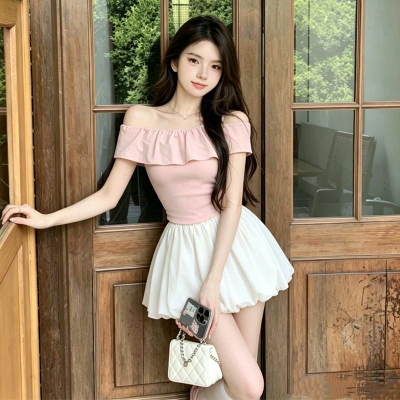 粉色一字肩花苞裙子套装女多巴胺明媚穿搭初夏绝美短裙一整套