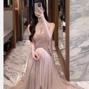 DFAY 是仙女裙啊 低饱和粉四米网纱连衣裙显瘦气质飘带长裙女夏季